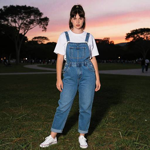 Photograph of a young woman with straight black hair, wearing denim overalls, white t-shirt, and white sneakers, standing on grass at sunset with