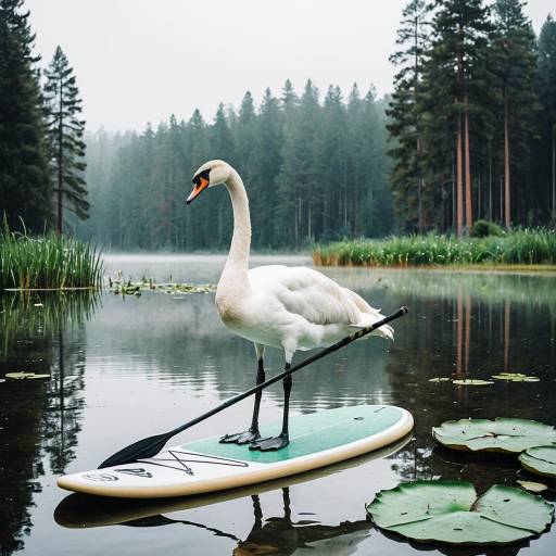 Swan on Paddle Board in Misty Forest Pond