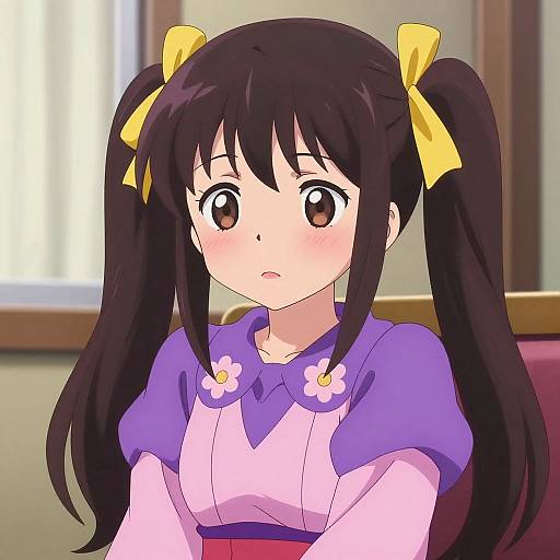 Digital anime-style drawing of a young girl with long black pigtails, yellow ribbons, purple and white dress, and large brown eyes, looking