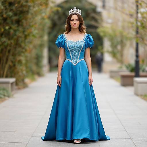 Photograph of a woman with long brown hair, wearing a silver tiara, blue satin princess gown with puffed sleeves and white lace bodice,