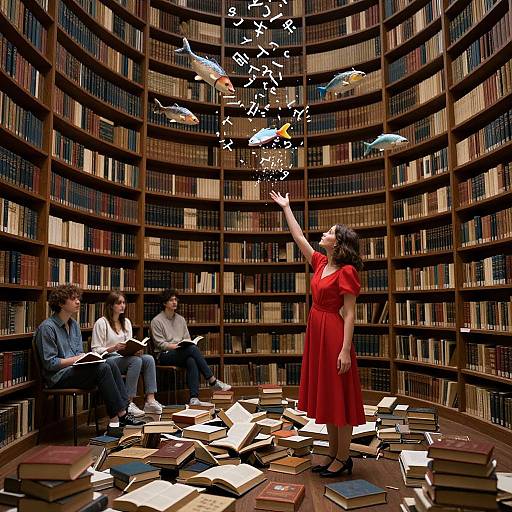 Photograph of a woman in a red dress, reaching up to make colorful birds fly from books in a circular, wooden-shelved library. Three