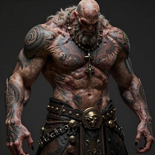 Dystopian Muscular Giant with Tattoos and Armor