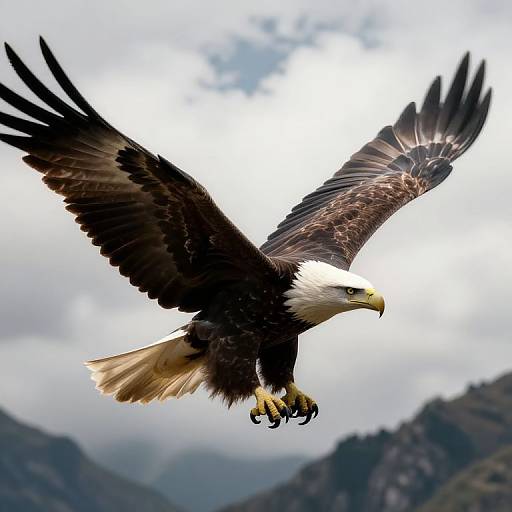 Photograph of a bald eagle in mid-flight, wings spread wide, black feathers with white head, yellow beak, and talons, against a
