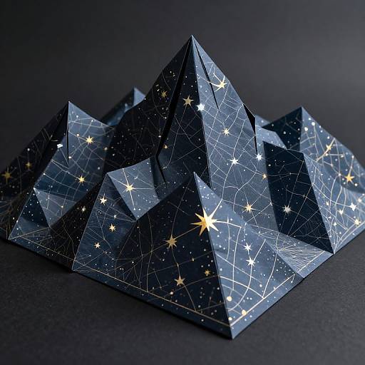 Photograph of a geometric, dark blue, paper-mâché mountain with a star-filled, constellation-like pattern on each triangular peak, set against a