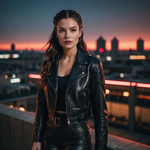 Woman in Black Leather Jacket on Rooftop at Sunset
