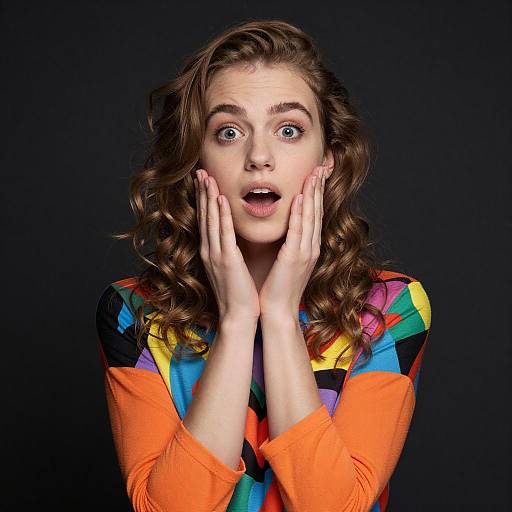 Surprised Woman in Vibrant Abstract Top