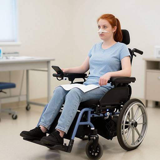 Photograph of a red-haired woman in a blue shirt, blue jeans, and black shoes, seated in a wheelchair with a white paper in hand,