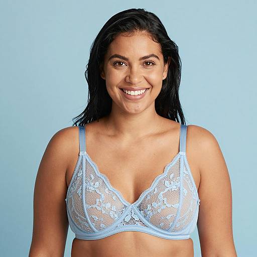 Smiling Woman in Light Blue Lace Bra
