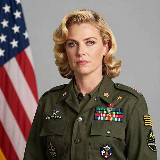Photograph of a blonde, blue-eyed female military officer in a dark green uniform with various ribbons and badges, standing in front of an American flag