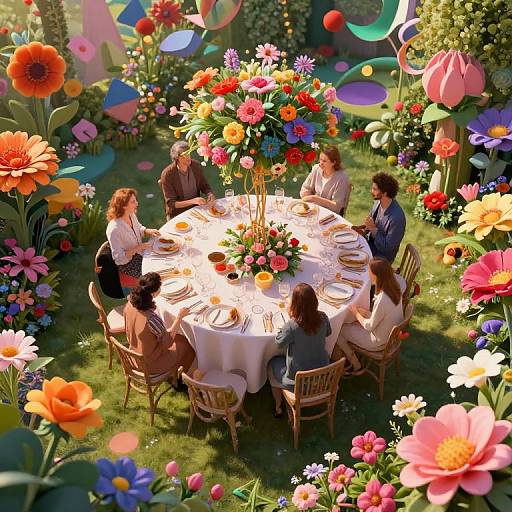 Digital art of six people, diverse genders, sitting around a white table in a vibrant, colorful flower-filled garden, enjoying a sunny meal together.