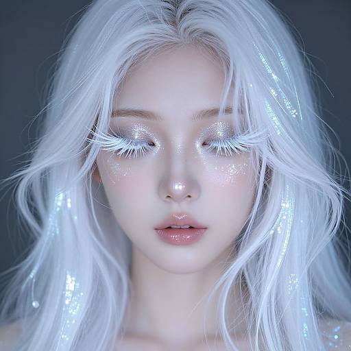 Digital portrait of a pale, ethereal woman with long, glowing white hair, luminescent blue eyes, and shimmering skin, set against a