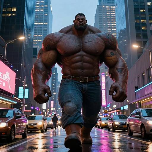 Digital artwork of a massive, muscular, shirtless man with dark skin, wearing jeans, walking through a neon-lit, rainy city street with cars
