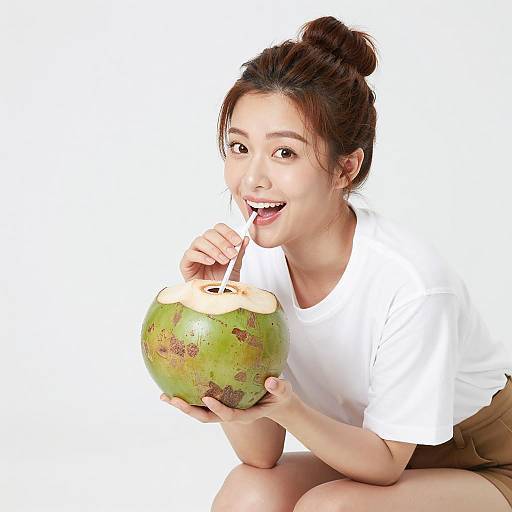 Asian Woman Drinking Fresh Coconut Water
