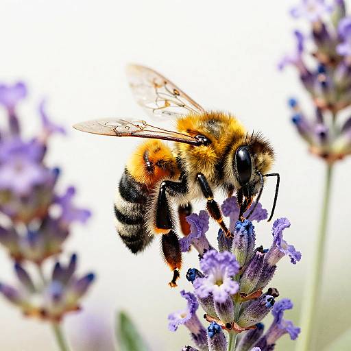 Close-up photograph of a fuzzy, orange and black bee with translucent wings, feeding on a lavender flower, against a blurred white background.