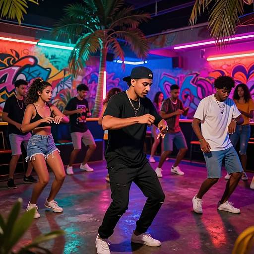Reggaeton Dance Party in Neon-lit Tropical Club