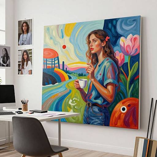 Photograph of a brightly colored, impressionistic painting of a woman holding a cup, surrounded by vibrant flowers and abstract shapes, hanging in a modern office