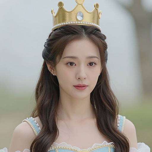 Photograph of an East Asian woman with long black hair, wearing a golden crown, white dress with blue and gold trim, looking directly at the camera