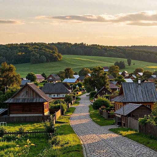 Photograph of a quaint, rural village at sunset, featuring rustic wooden houses, a cobblestone path, lush green fields, and a tree-lined