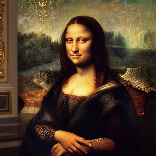 Digital art mashup of Leonardo da Vinci's Mona Lisa with a modern woman's face, black hair, and dark clothing, set against the original painting