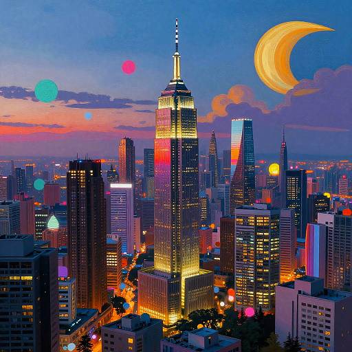 Digital illustration of a vibrant, neon-lit New York City skyline at dusk, featuring a glowing Empire State Building and a large crescent moon in a