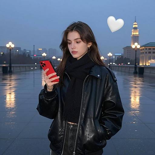 Young Woman in Leather Jacket Using Phone on Wet City Plaza