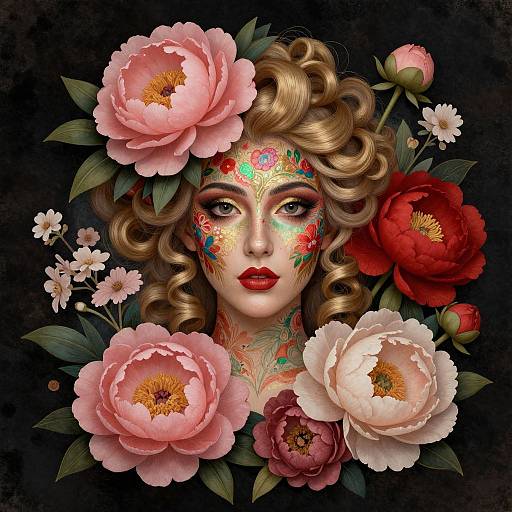 Digital painting of a woman with curled blonde hair, vividly painted floral face, surrounded by large pink, red, and white peonies. Dark