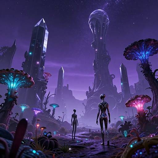 Digital sci-fi artwork: Silhouetted figures stand in a glowing, purple-lit alien forest with bioluminescent mushrooms, futuristic skyscrap