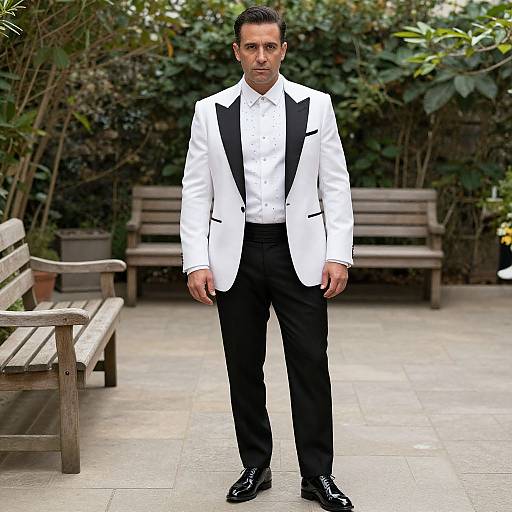 Photograph of a man in a white tuxedo with black lapels, black trousers, and black shoes, standing in a garden with wooden benches