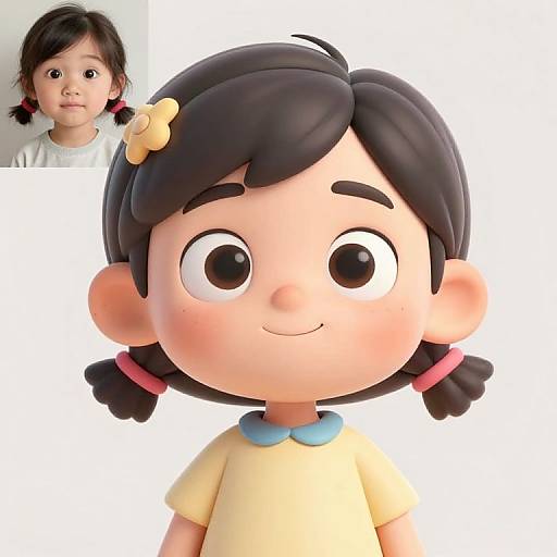 CGI cartoon girl with black pigtails, yellow bow, yellow shirt, large eyes, and smile; inset photo of real girl with similar features