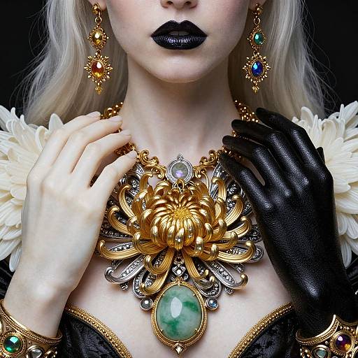 Photograph of pale-skinned woman with black lipstick, platinum blonde hair, wearing ornate gold necklace, black glove, white feathered collar, and