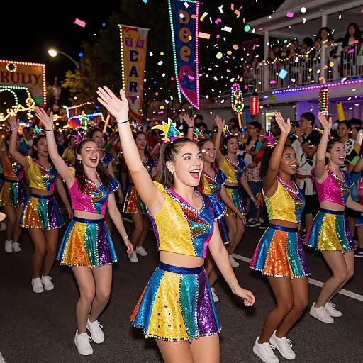 Photograph of a vibrant parade with smiling female dancers in colorful sequined uniforms, raising arms, confetti falling, and a crowd cheering in the background