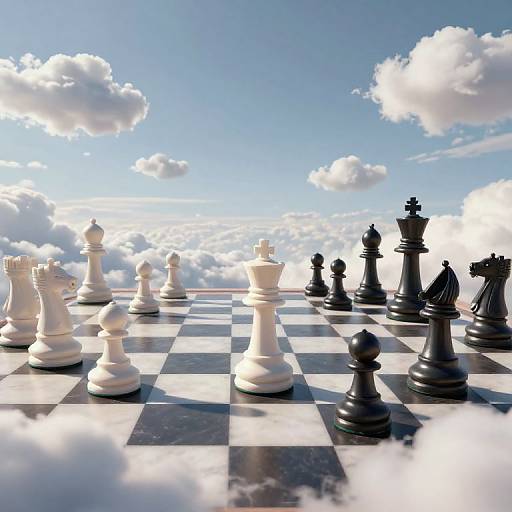 Photorealistic digital image of a chessboard floating among fluffy white clouds, with black and white chess pieces under a bright blue sky.