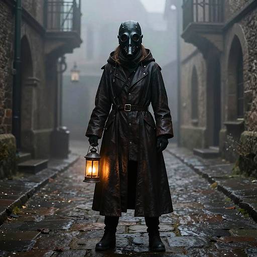 Female Plague Doctor in Foggy Street