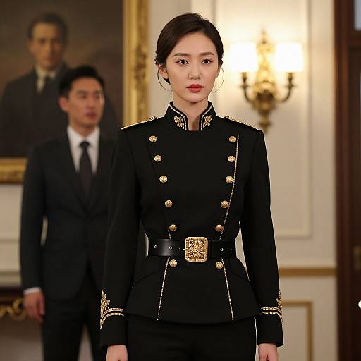 Photograph of an Asian woman in a formal black military-style uniform with gold buttons and ornate belt, standing in a well-lit, elegant room