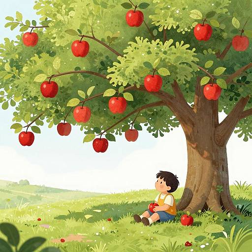 Digital illustration of a young boy with short black hair, sitting under a lush apple tree with red apples, eating an apple in a sunlit, green