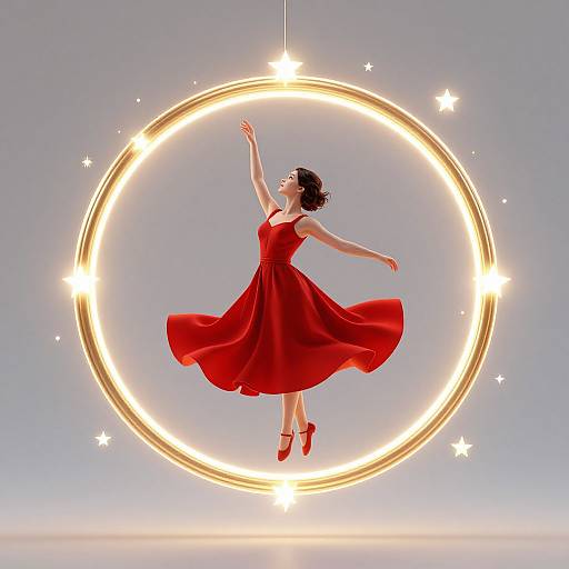 Digital illustration of a dancing woman in a flowing red dress, suspended within a glowing, circular light ring, surrounded by twinkling stars.