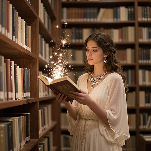 Photograph of a beautiful woman with long brown hair, wearing a white, flowing dress and jewelry, conjuring sparkles from an open book in a