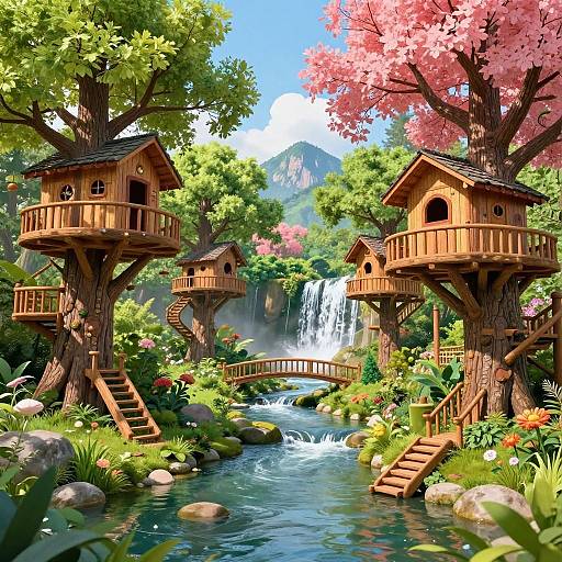 Colorful Wooden Treehouse Fantasy Scene