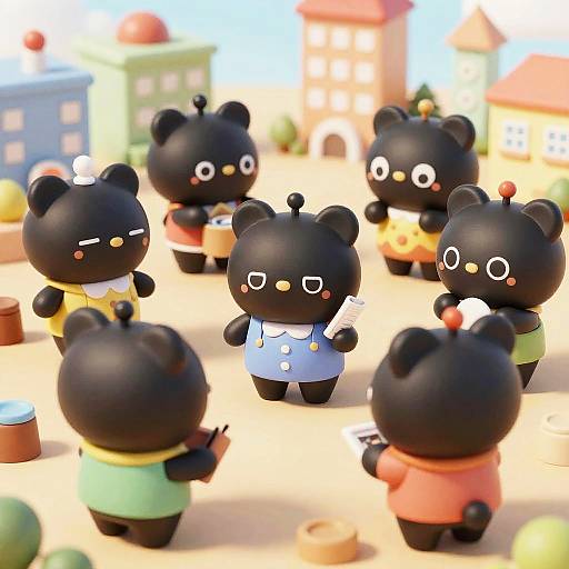Photograph of cute, black, round, cartoon bears with small ears and yellow eyes, wearing colorful clothes, standing in a brightly colored, toy-like
