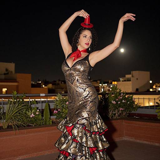 Photograph of a dark-haired woman in a black, gold, and red ruffled flamenco dress, holding a red hat, dancing on a rooftop