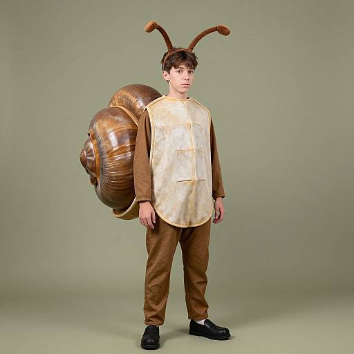 Photograph of a young boy in a gold and brown snail costume with large, shiny brown shell backpack and antler-like headpiece, standing against