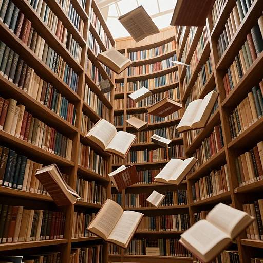 Photograph of a library with wooden bookshelves filled with books, showing open books floating in mid-air, creating a magical, whimsical atmosphere.