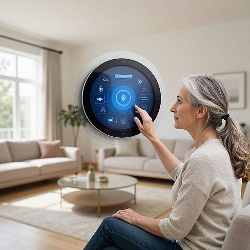 Photograph of a middle-aged woman with gray hair in a ponytail, wearing a white sweater, interacting with a circular smart display in a bright,