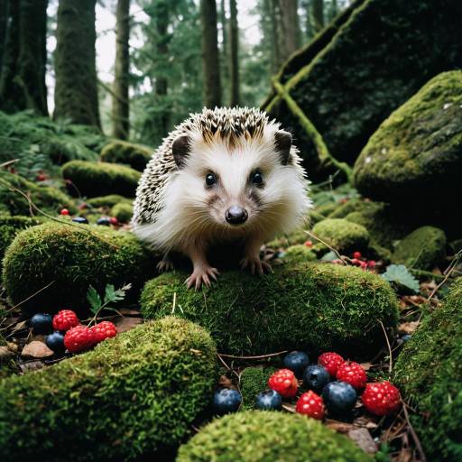 Curious Hedgehog Among Moss and Berries Curious Hedgehog Among Moss and Berries