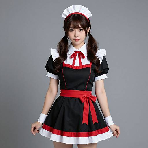 Asian woman in black and white French maid outfit with red ribbon, pigtails, white apron, and red bow, standing against gray background.