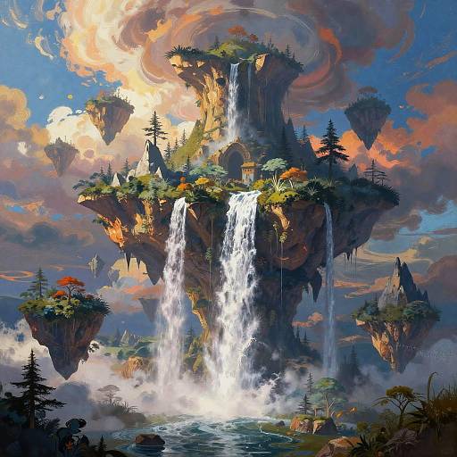 Vibrant digital painting of a towering, lush, floating cliff with twin waterfalls, surrounded by surreal, colorful clouds and floating islands.
