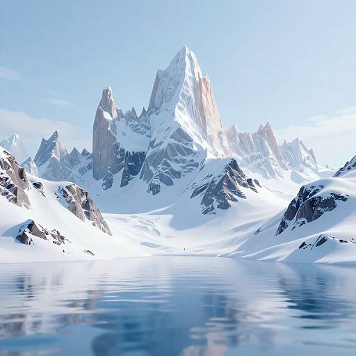 Photorealistic digital image of a snow-capped mountain range reflected in a calm, blue lake under a clear sky.