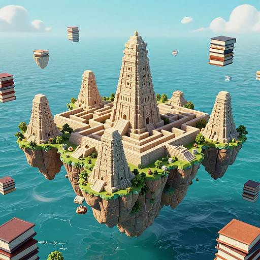 CGI image of a floating ancient temple island with four tall spires, surrounded by turquoise ocean and floating book stacks.