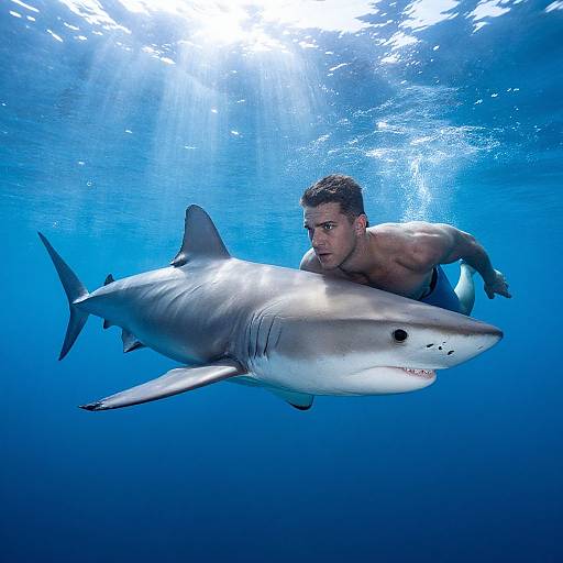 Photograph of a muscular, short-haired man in blue swim trunks swimming alongside a large, gray shark underwater in bright blue ocean. Sunlight filters