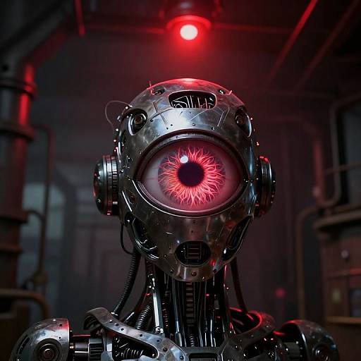 CGI image of a metallic, robotic head with a single glowing red eye in a dark, industrial setting, illuminated by a red light.